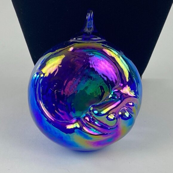 Hand Blown Iridescent Glass Ornament Half Moon Stars Design Blue Purple Vintage - Picture 2 of 10